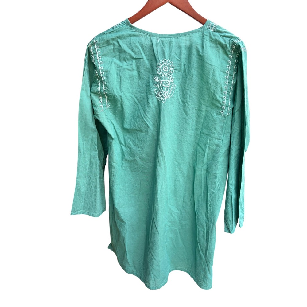 Natura Womens XL Teal Green Cotton Embroidered Boho Tunic Henley Long Top - Picture 3 of 6